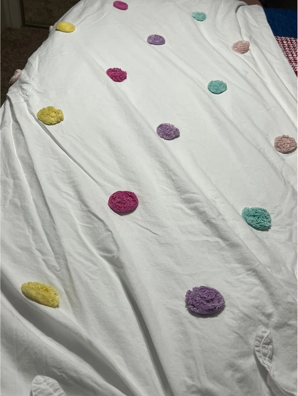 Pottery Barn Kids White Cotton twin duvet cover with Colorful Pom Pom Accents
